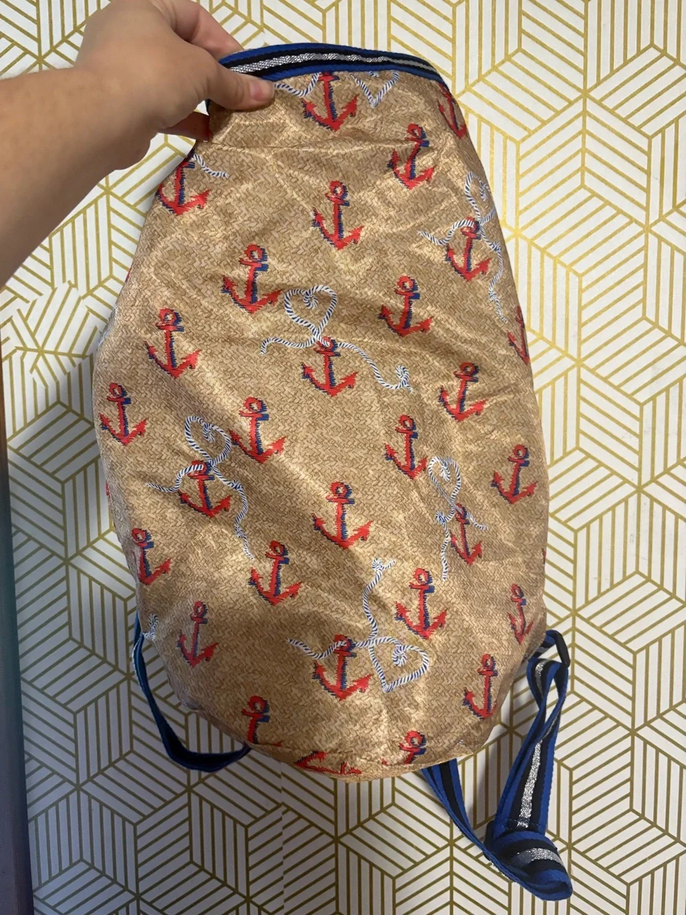 Vera Bradley Tan Anchor Print Backpack with Blue-Striped Straps